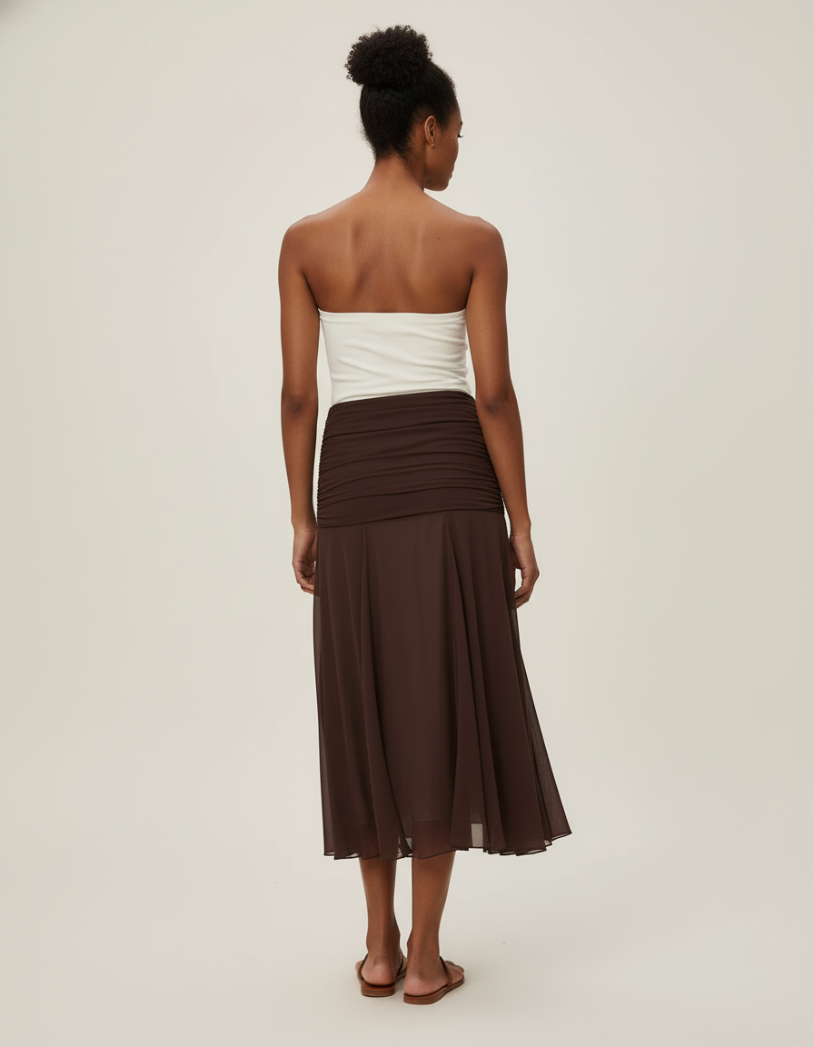 Jupe Midi Plissée Fluide Marron