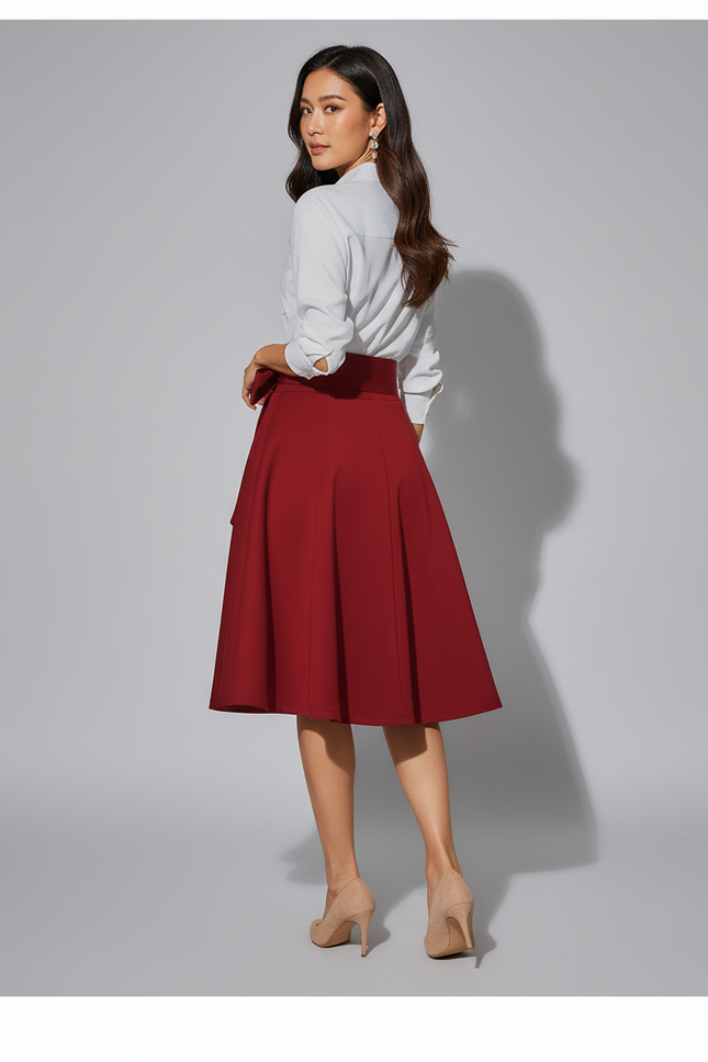 Jupe Midi Rouge Taille Nœud Chic