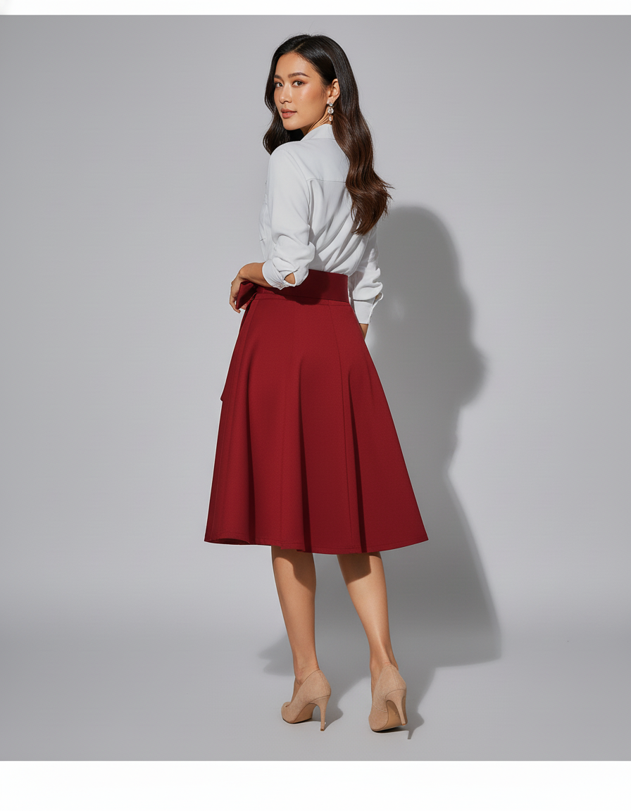 Jupe Midi Rouge Taille Nœud Chic
