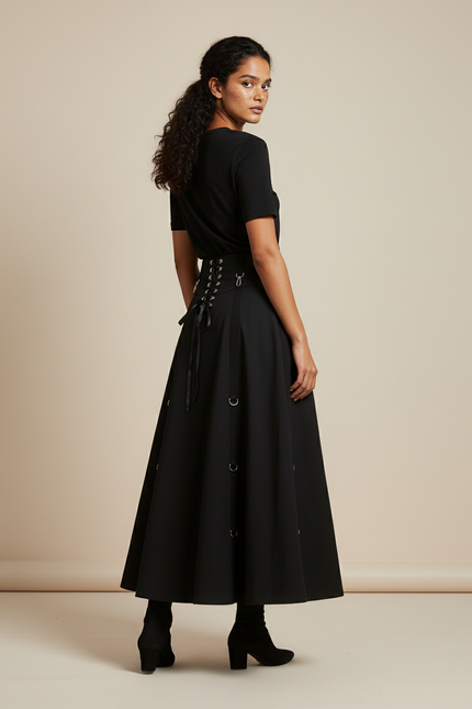 Jupe Midi Noire Style Corset Décontractée