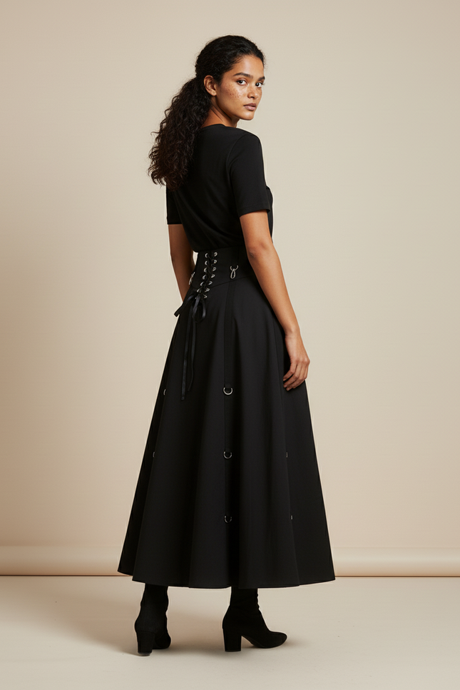 Jupe Midi Noire Style Corset Décontractée