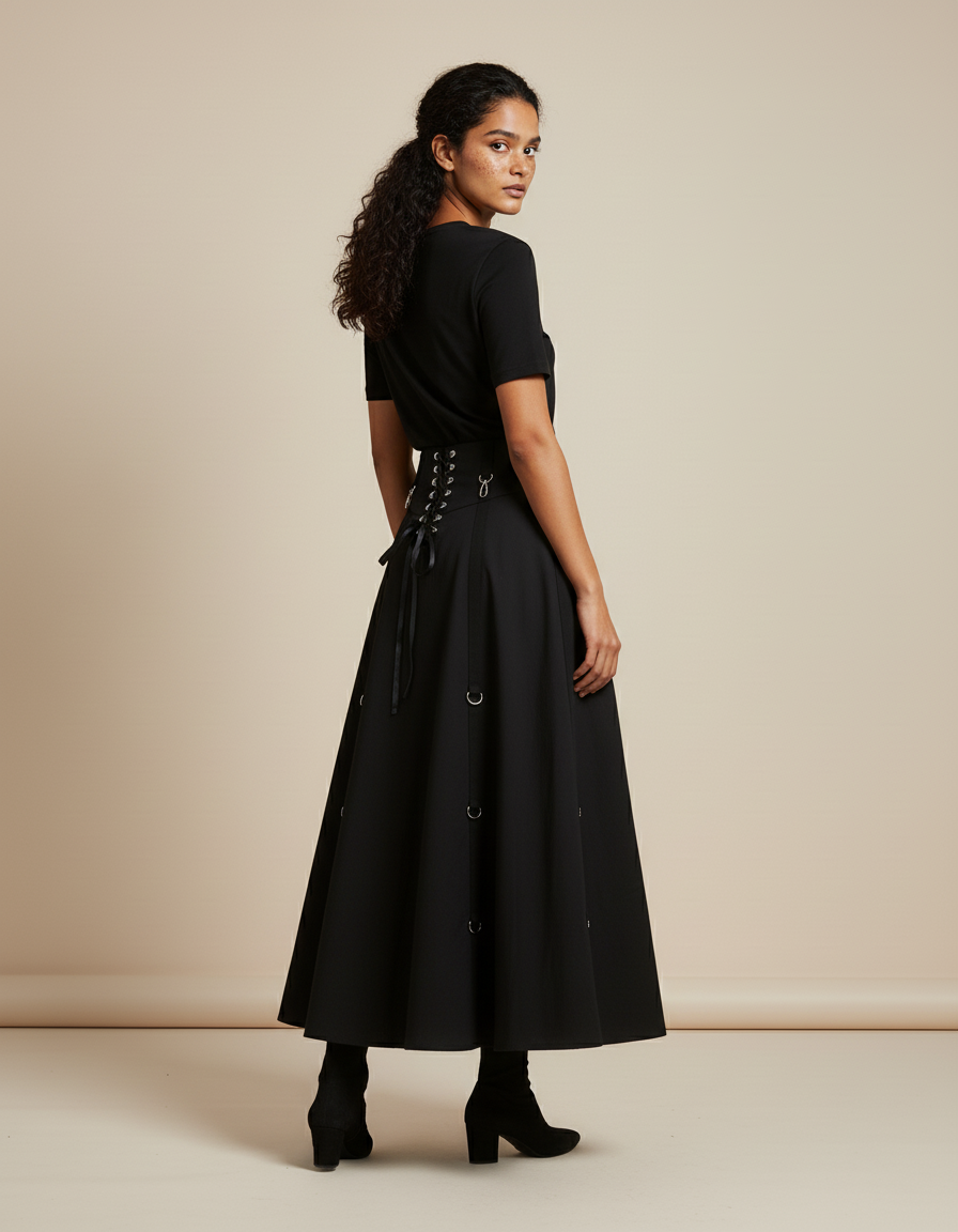 Jupe Midi Noire Style Corset Décontractée