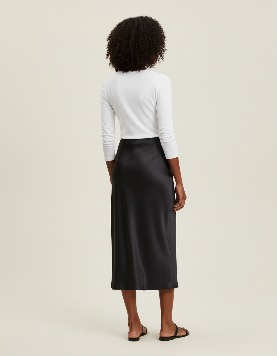 Jupe Midi Noire Satin Élégante
