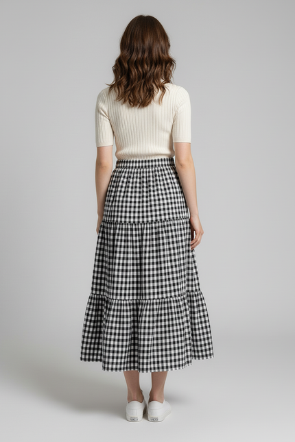 Jupe Midi Vichy Étagée Fluide