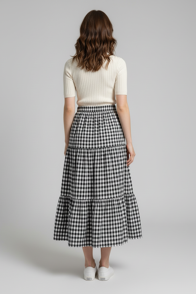 Jupe Midi Vichy Étagée Fluide