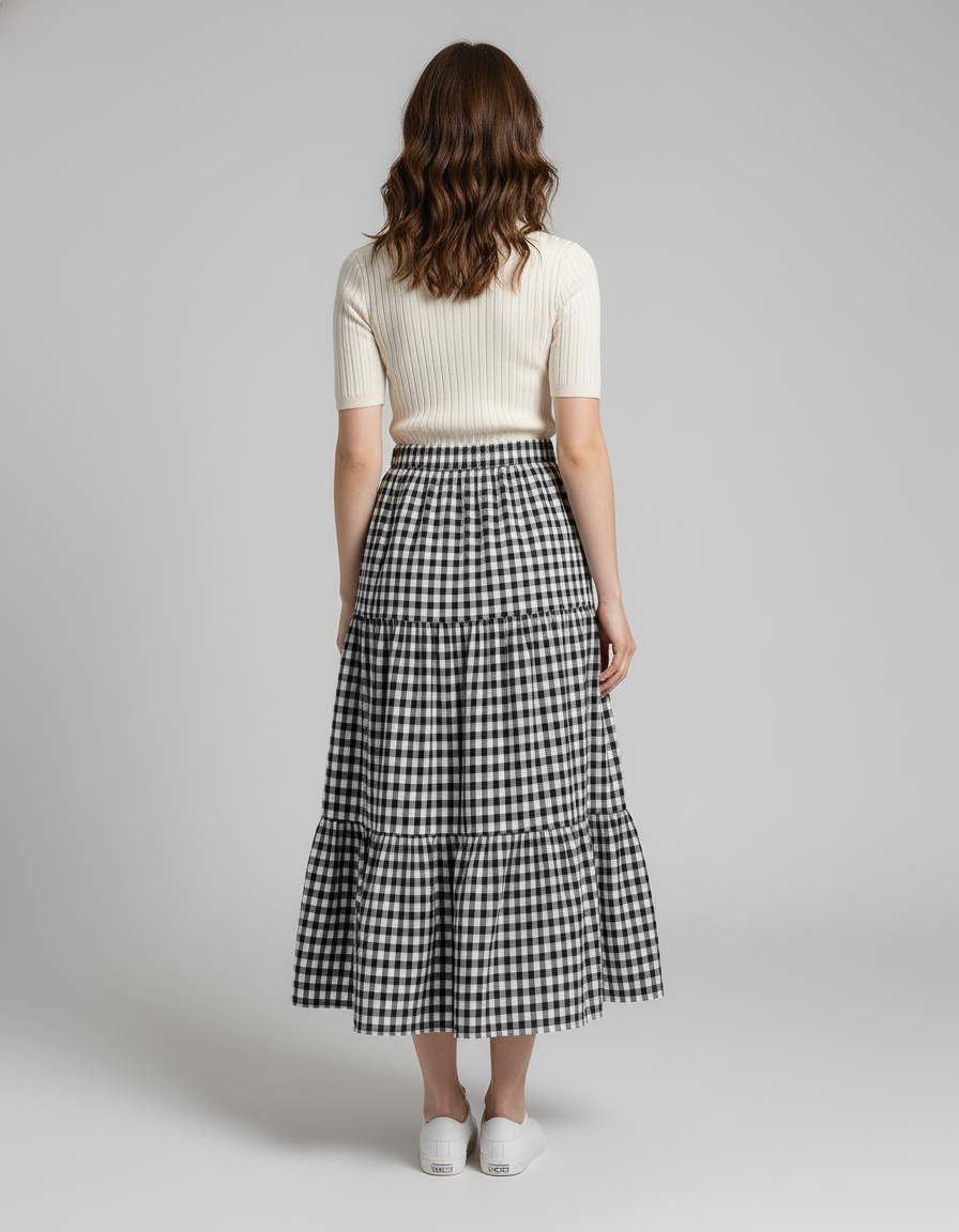 Jupe Midi Vichy Étagée Fluide