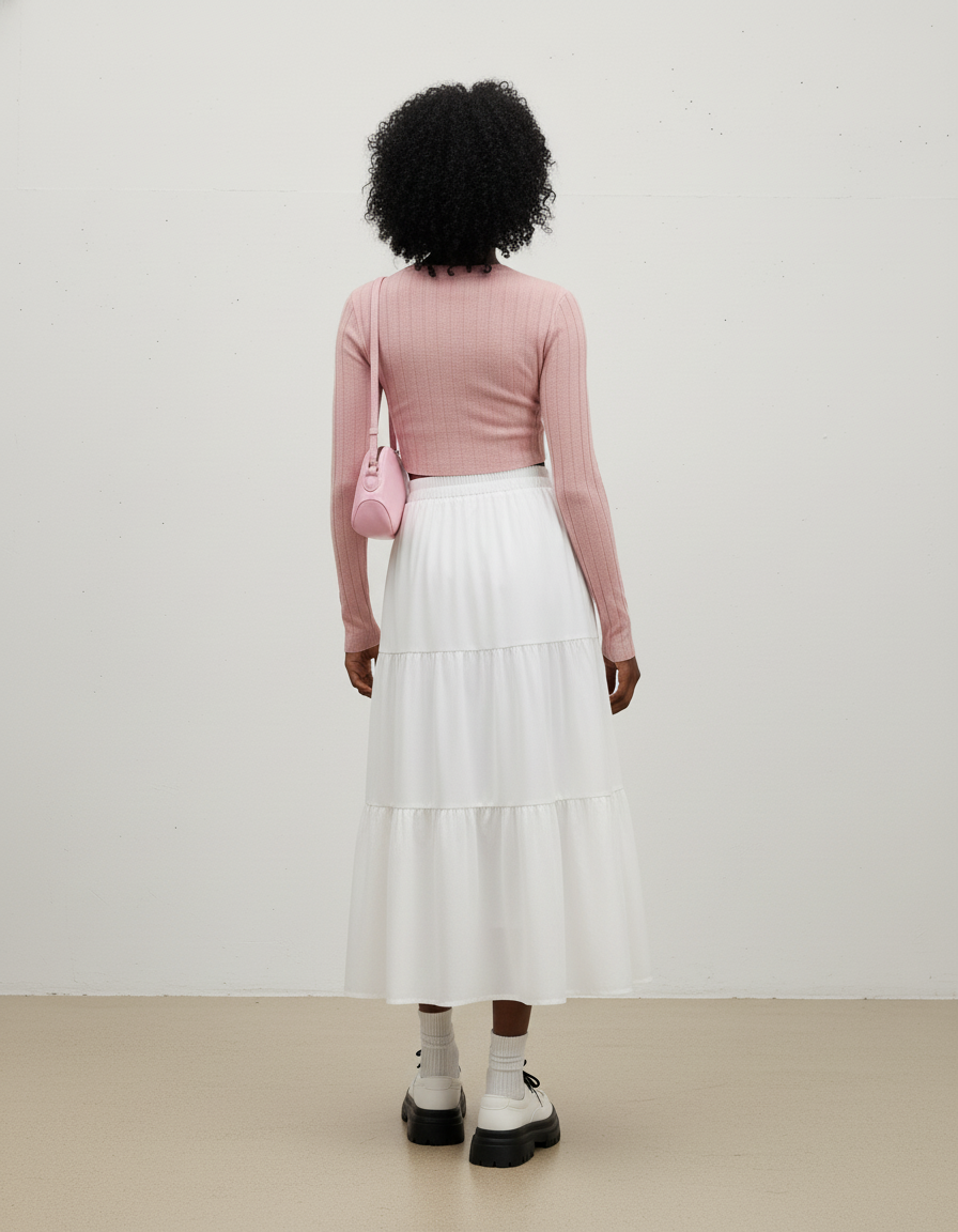 Jupe Midi Blanche À Volants Fluide