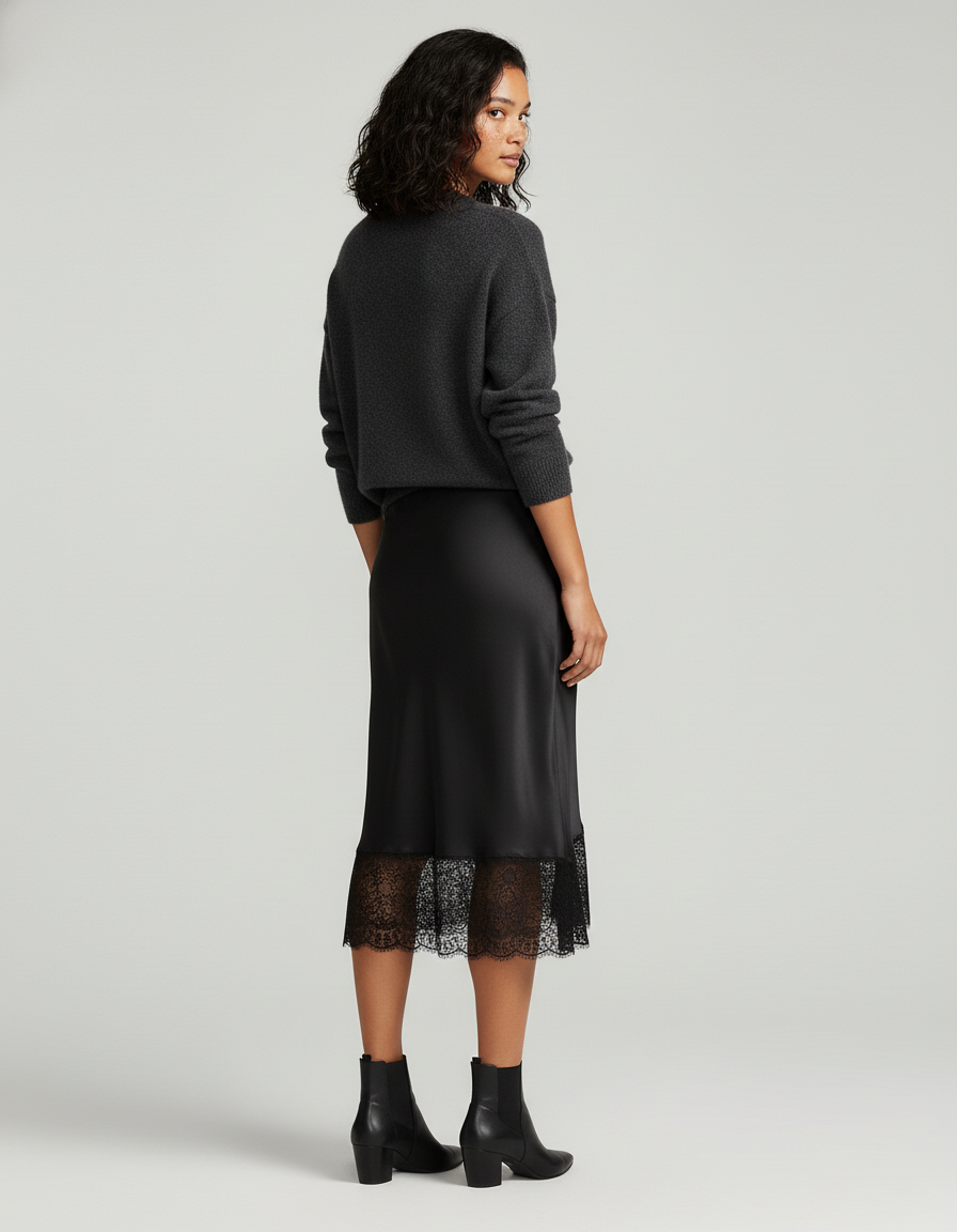 Jupe Midi Satinée Dentelle Élégante précieuse