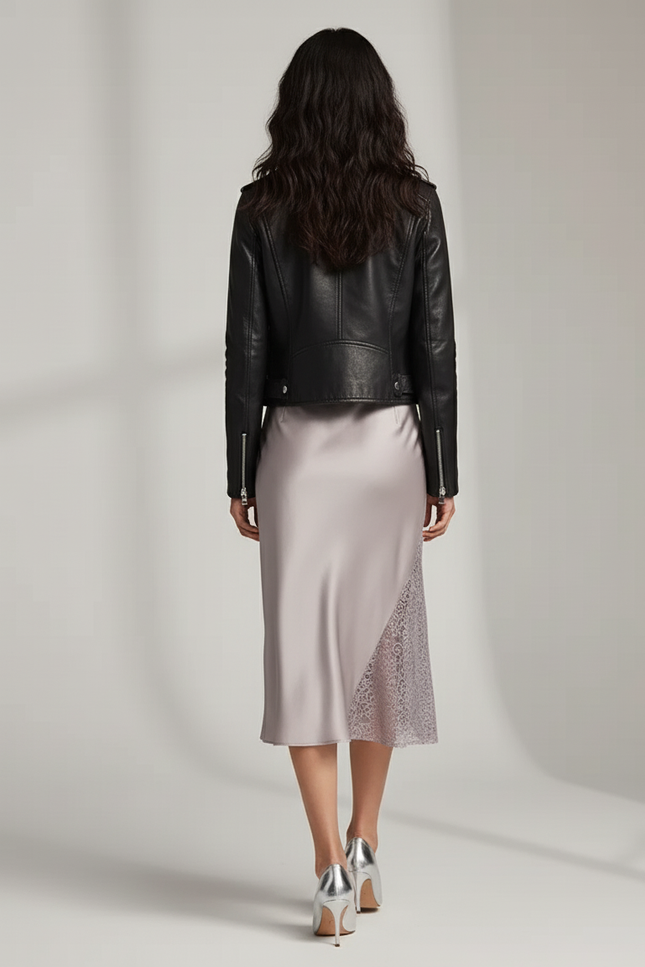 Jupe Midi Satin Dentelle Asymétrique Fluide