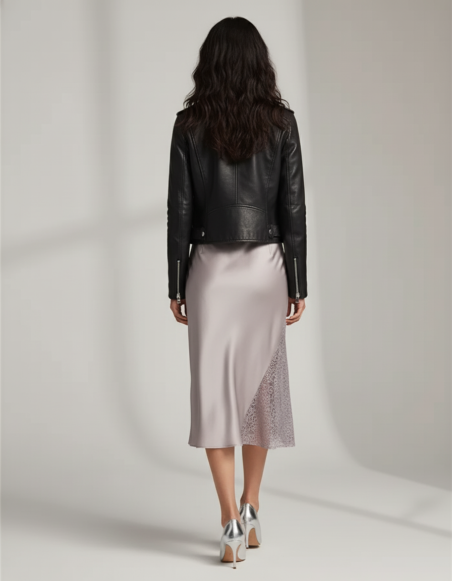 Jupe Midi Satin Dentelle Asymétrique Fluide