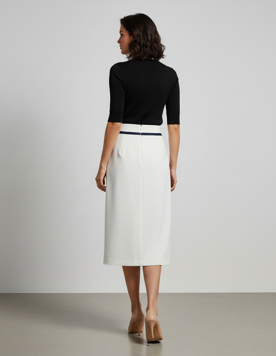 Jupe Midi Blanche Bordure Marine Élégante