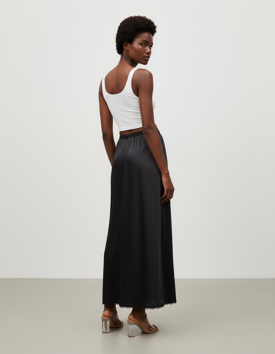 Jupe Midi Noire Satin Fluide