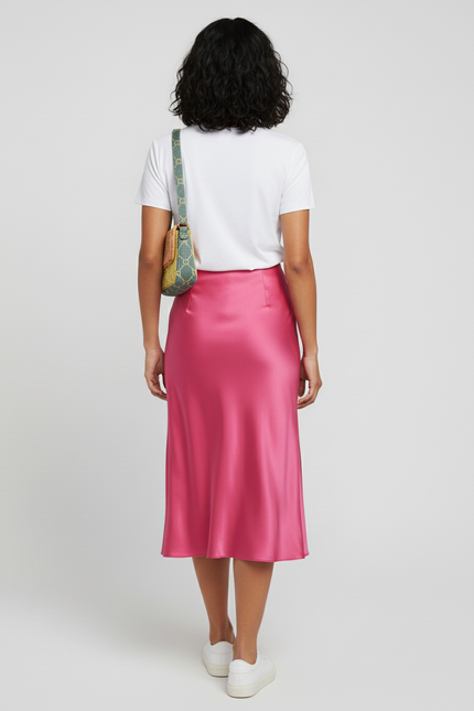 Jupe Midi Rose Satin Fluide légère