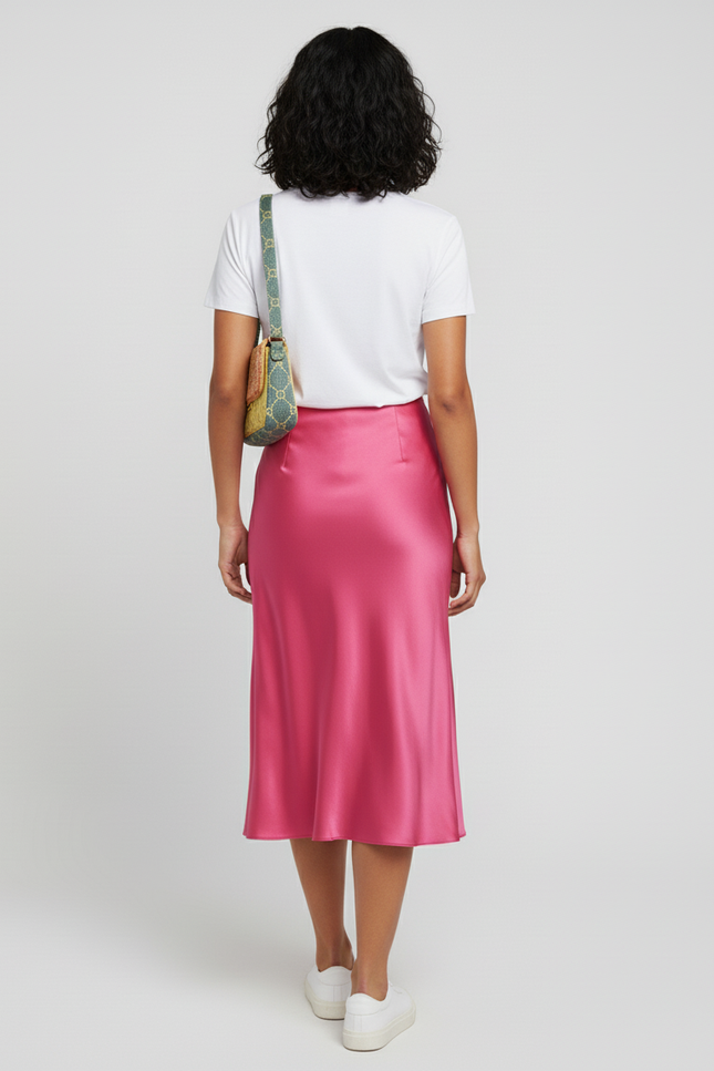 Jupe Midi Rose Satin Fluide légère