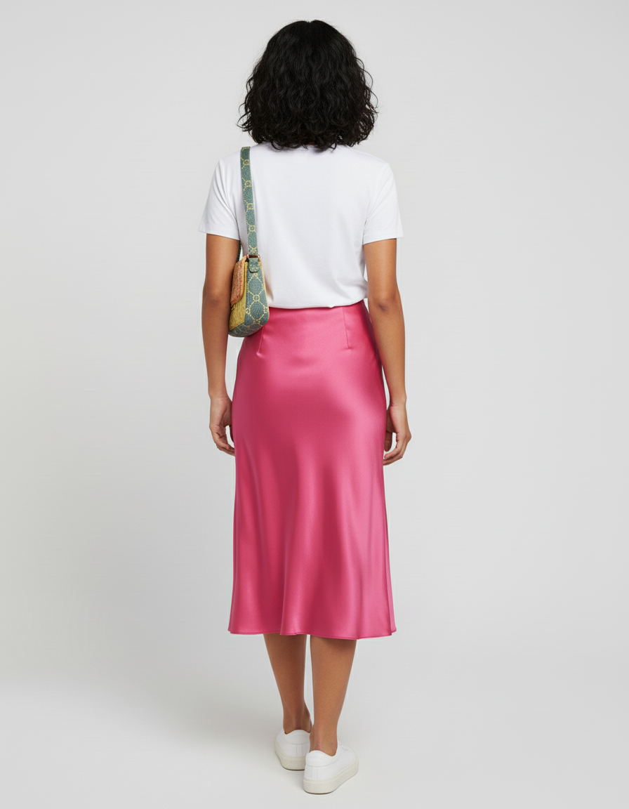 Jupe Midi Rose Satin Fluide légère