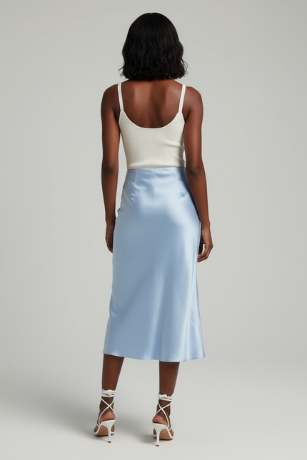 Jupe Midi Satin Bleu Ciel Élégante