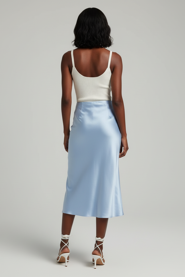 Jupe Midi Satin Bleu Ciel Élégante