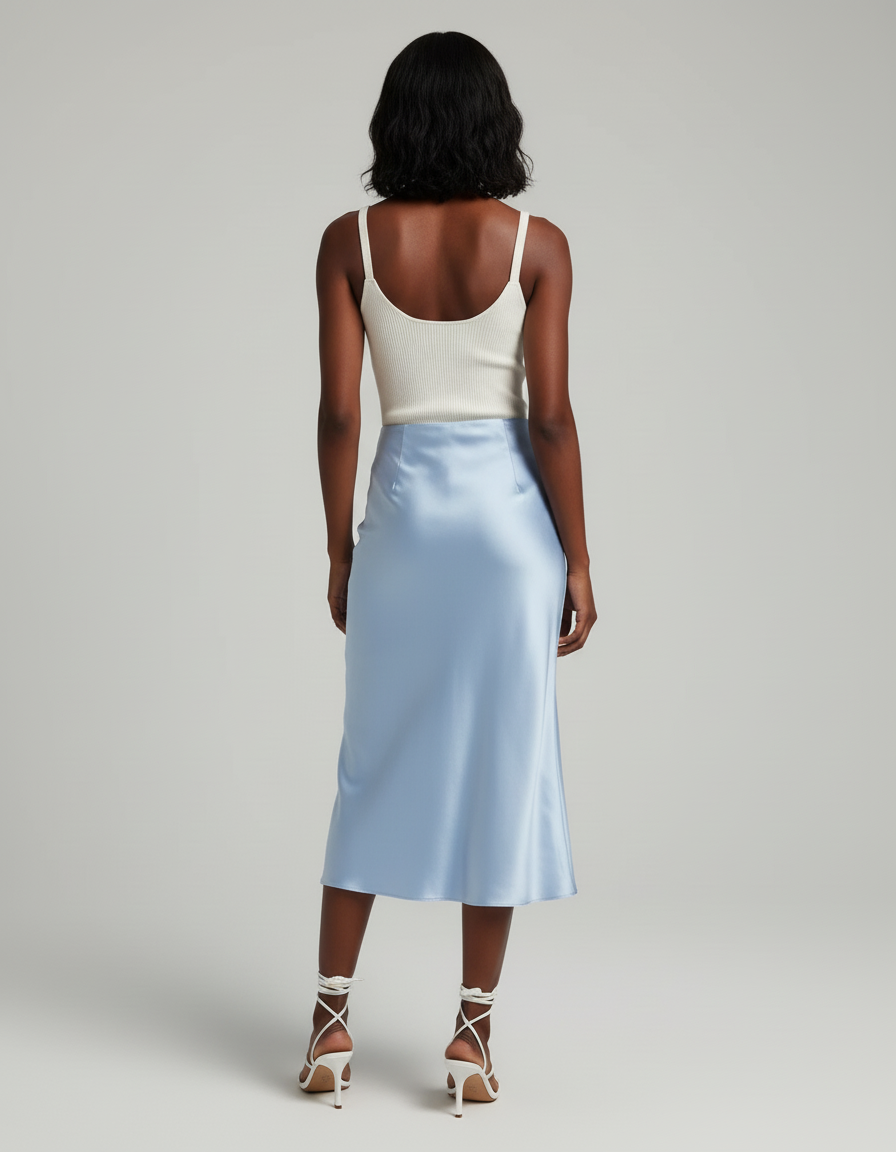 Jupe Midi Satin Bleu Ciel Élégante