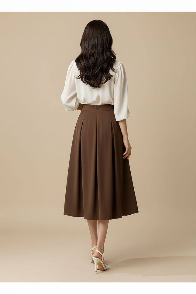 Jupe Midi Taille Haute Plissée Élégante