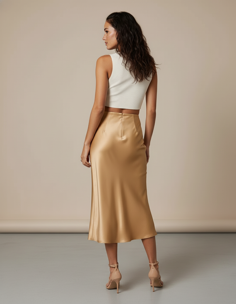 Jupe Midi Satin Dorée Élégante