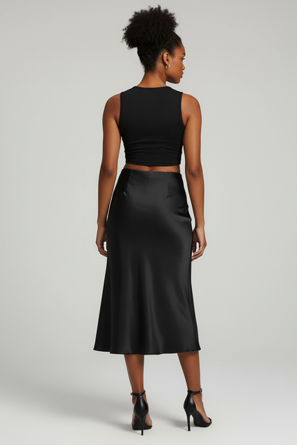Jupe Midi Noire Satinée Élégante glamour