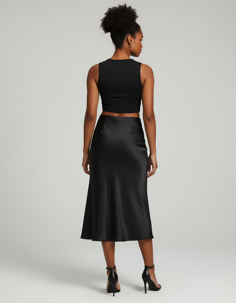 Jupe Midi Noire Satinée Élégante glamour