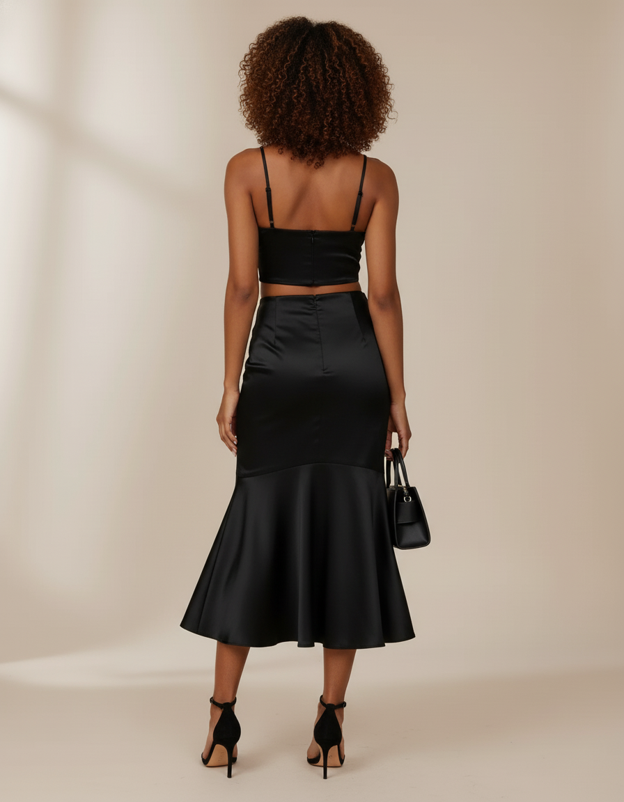 Jupe Midi Noire Satinée Élégante luxueuse
