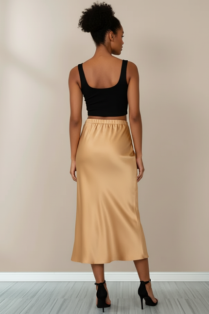 Jupe Midi Champagne Satin Élégante