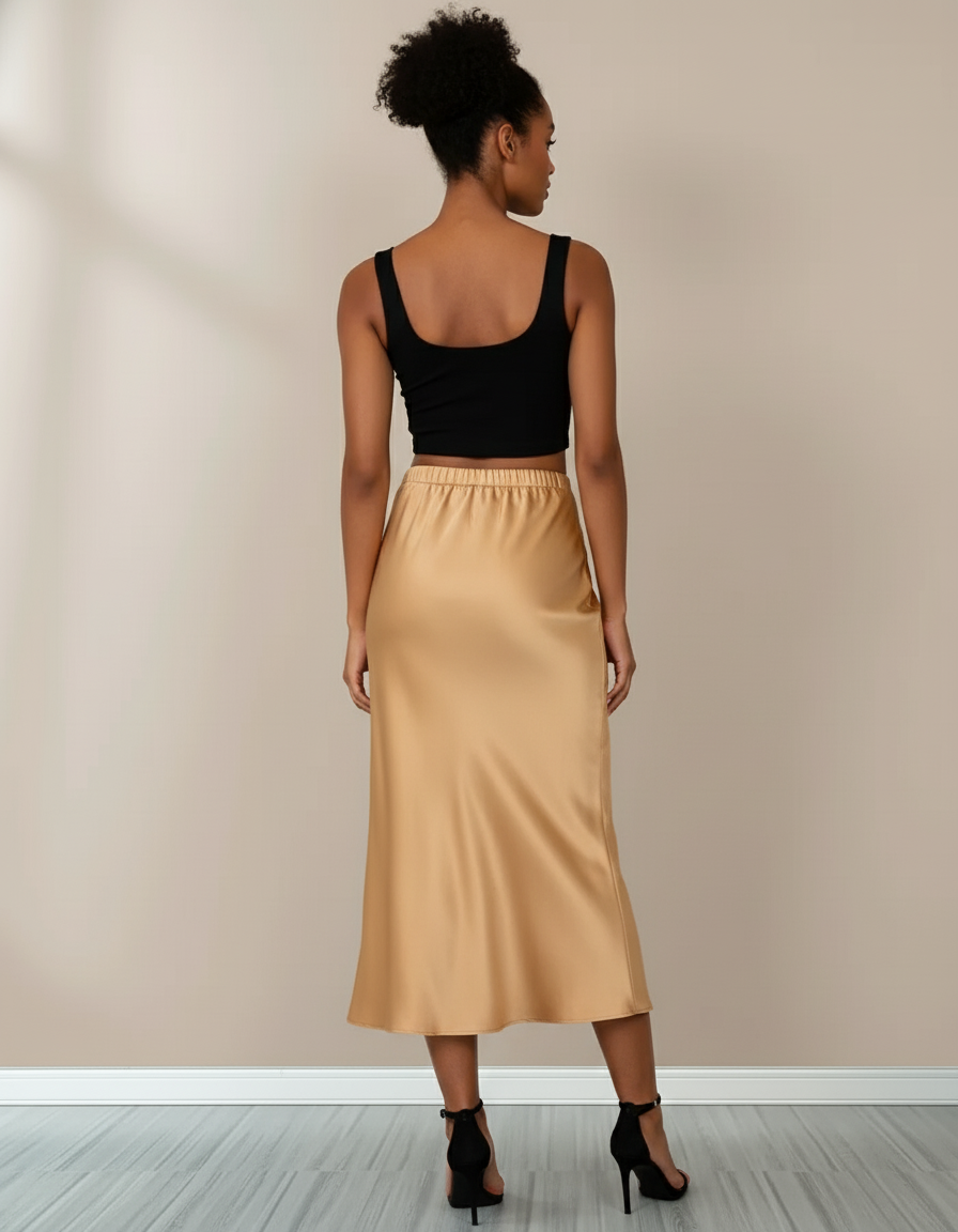 Jupe Midi Champagne Satin Élégante