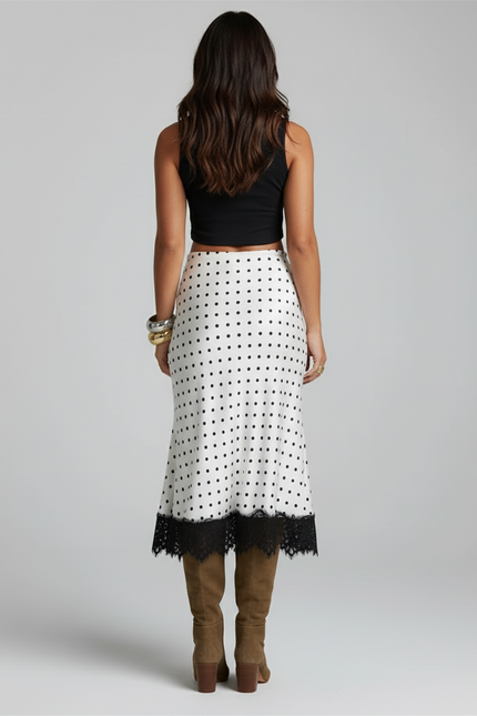 Jupe Midi Pois Dentelle Rétro Élégante