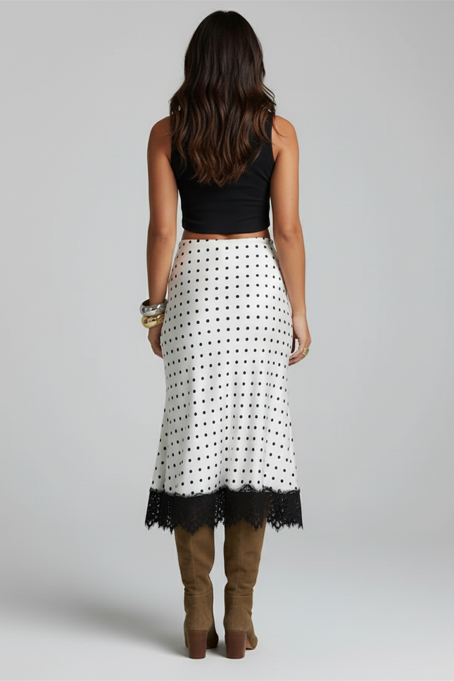Jupe Midi Pois Dentelle Rétro Élégante