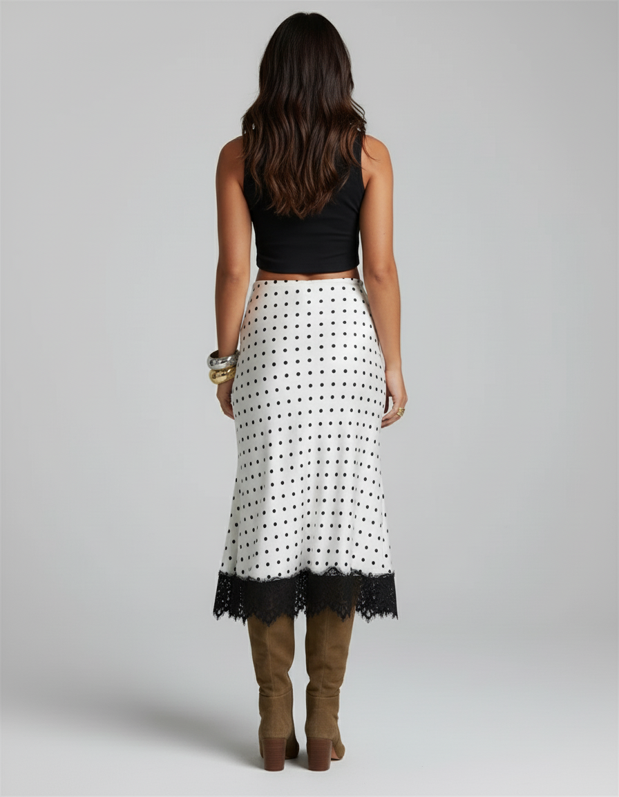 Jupe Midi Pois Dentelle Rétro Élégante