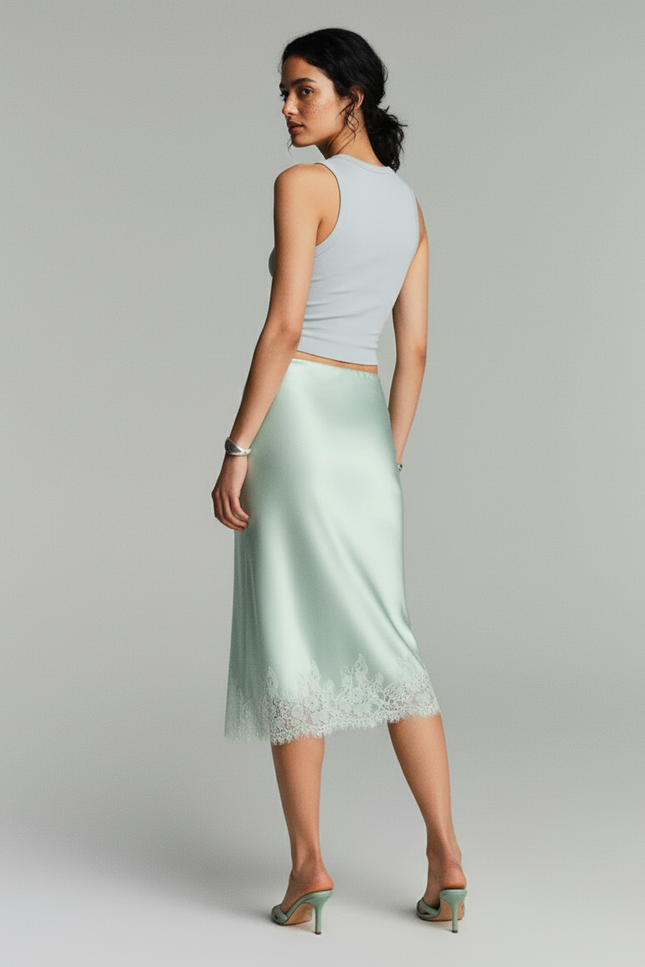 Jupe Midi Menthe Satin Fluide