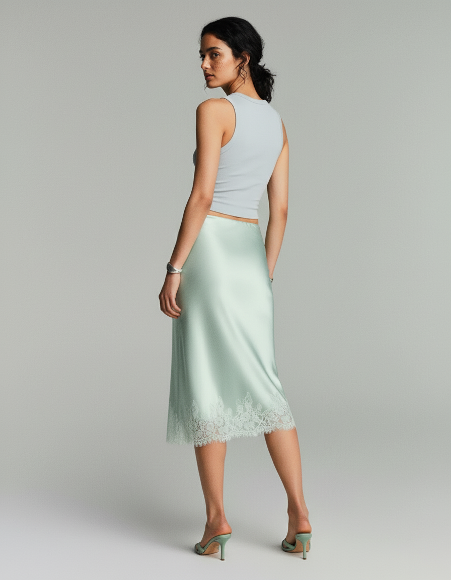 Jupe Midi Menthe Satin Fluide