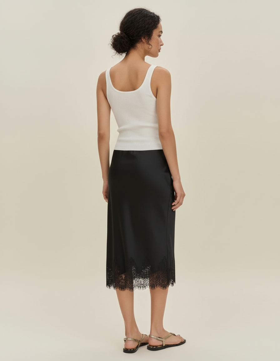 Jupe Midi Noire Satin Dentelle Élégante