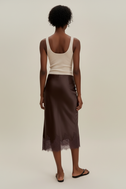 Jupe Midi Satin Dentelle Fluide