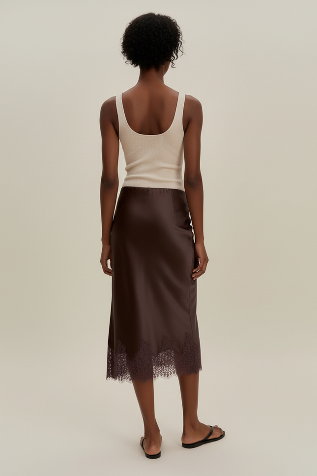 Jupe Midi Satin Dentelle Fluide