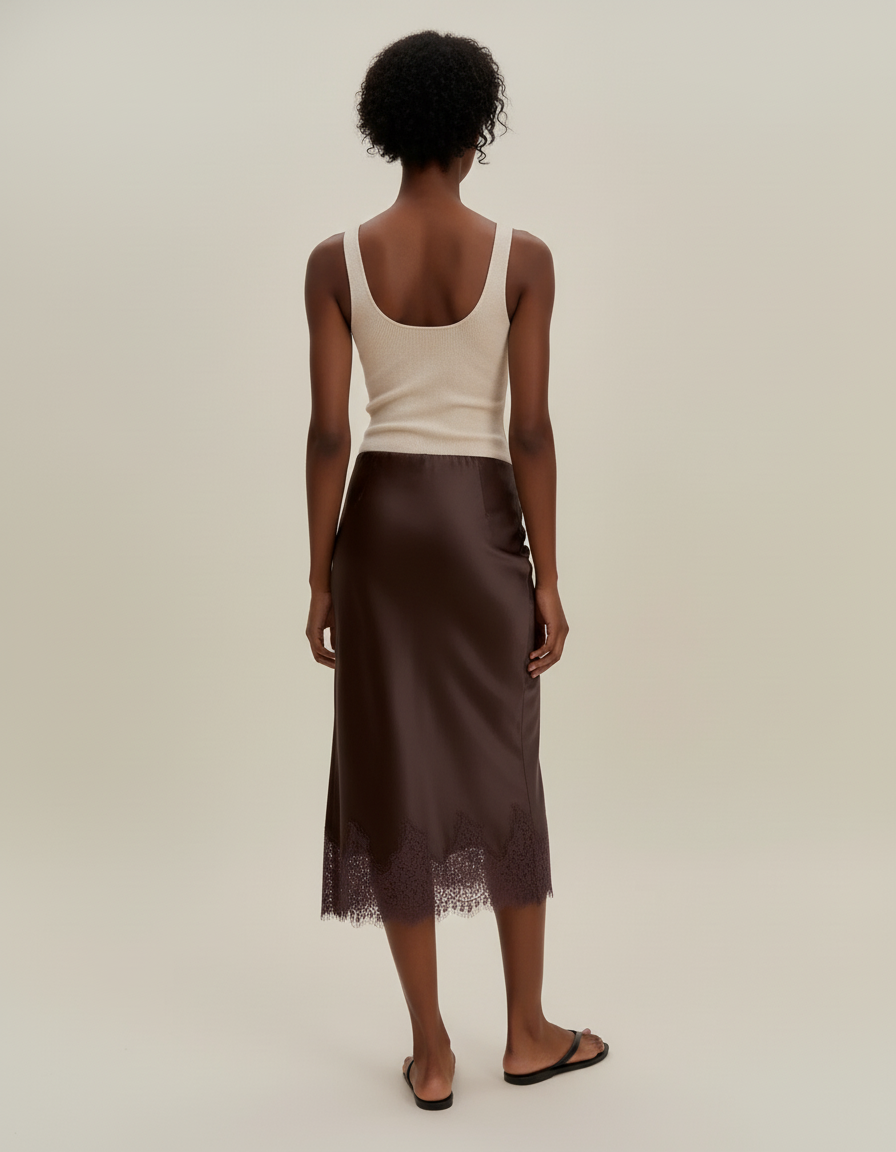 Jupe Midi Satin Dentelle Fluide