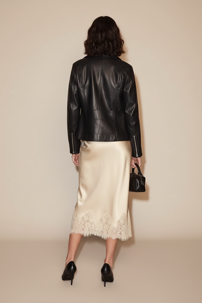 Jupe Midi Satin Fluide Dentelle