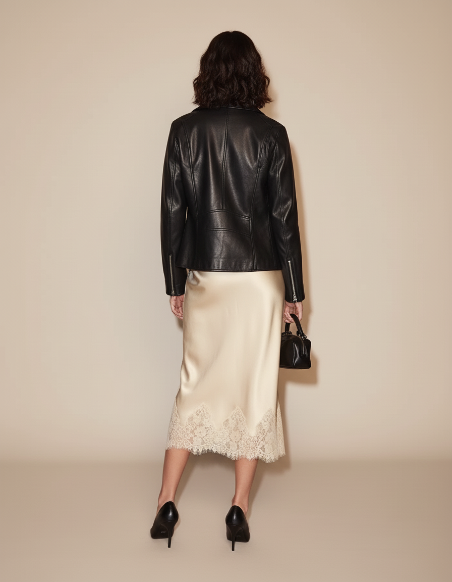 Jupe Midi Satin Fluide Dentelle