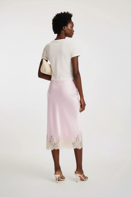 Jupe Midi Satin Dentelle Rose Pâle Chic