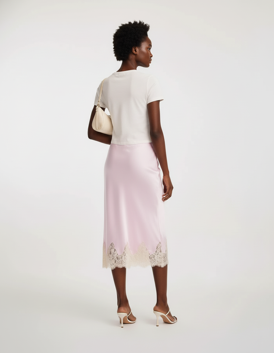 Jupe Midi Satin Dentelle Rose Pâle Chic