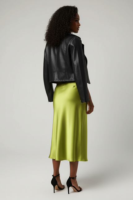 Jupe Midi Vert Satin Fluide Élégante