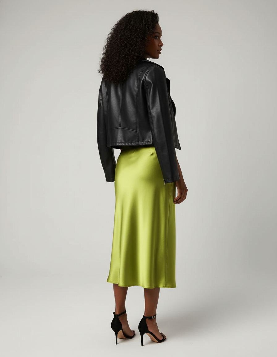 Jupe Midi Vert Satin Fluide Élégante