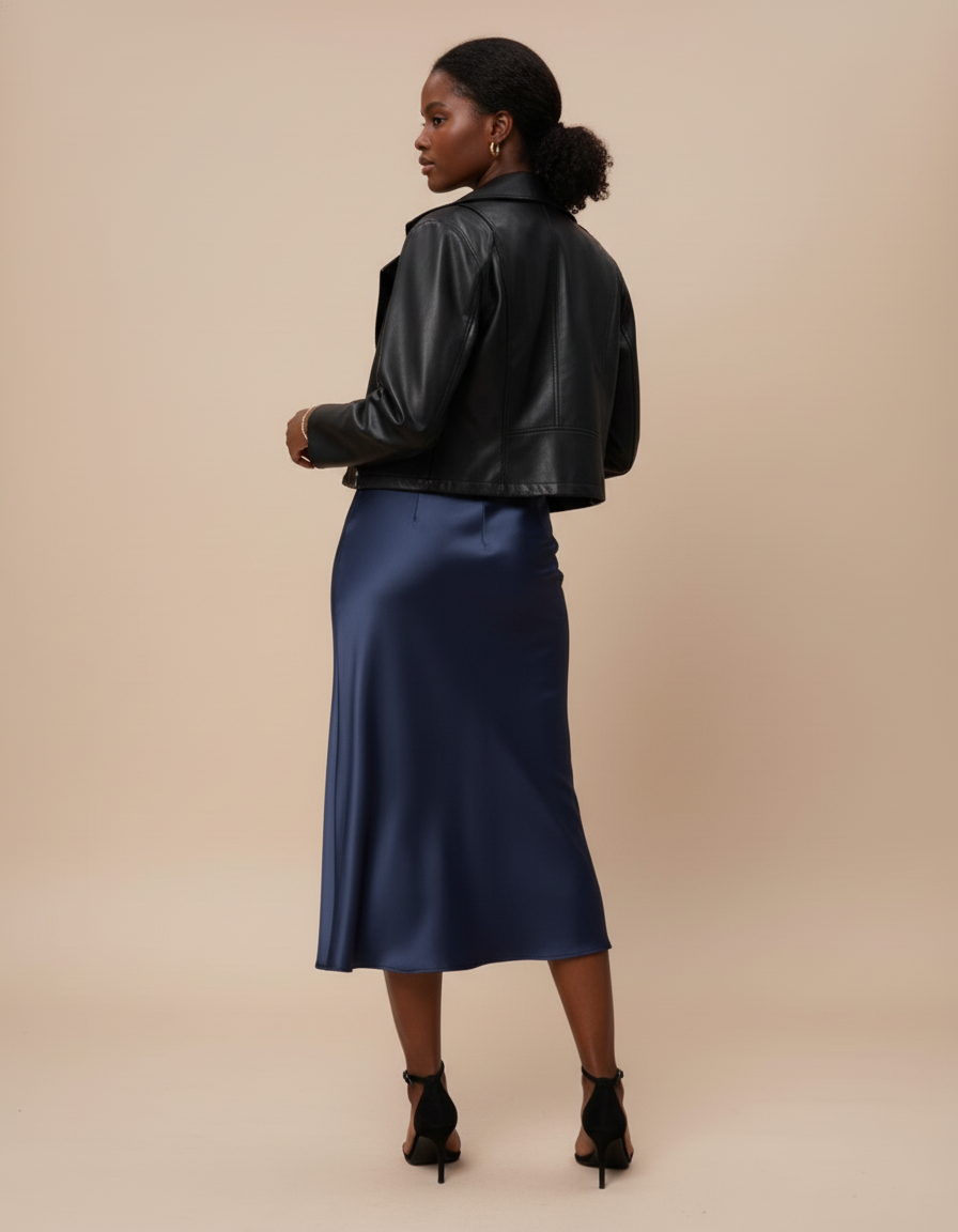 Jupe Midi Bleu Marine Satin Fluide Élégante