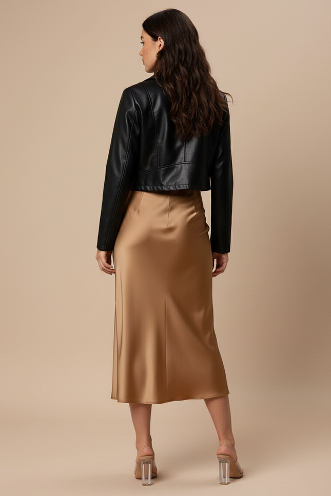 Jupe Midi Satin Camel Élégante