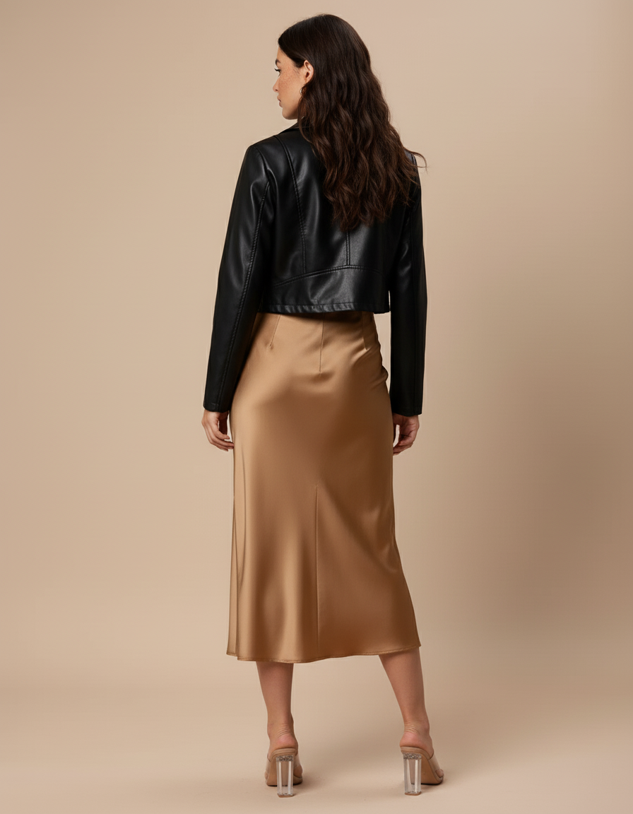 Jupe Midi Satin Camel Élégante