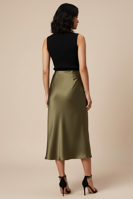 Jupe Midi Kaki Satin Élégante