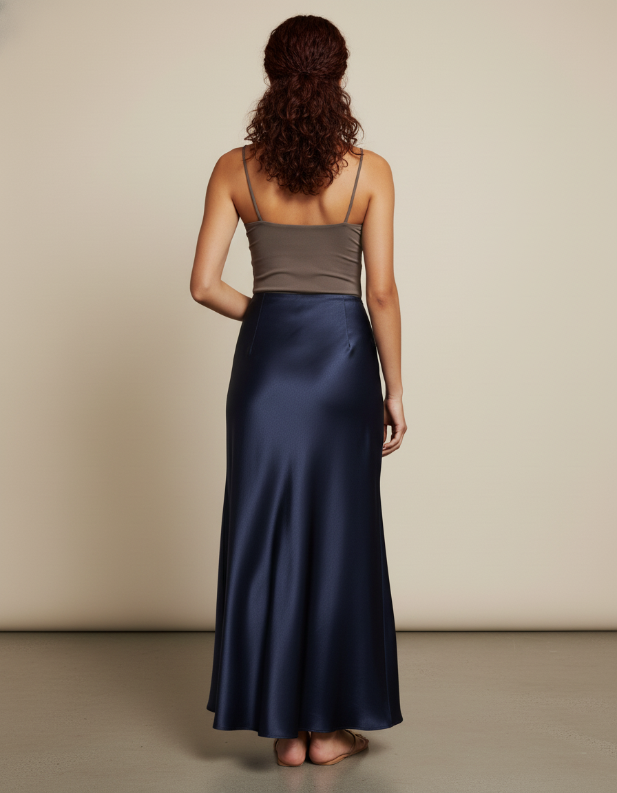 Jupe Midi Satin Marine Élégante