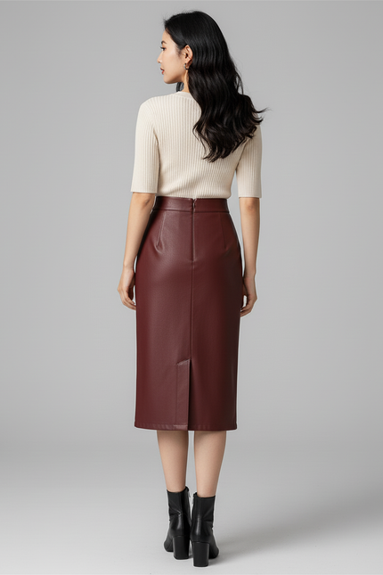 Jupe Midi Similicuir Bordeaux Élégante